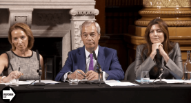 Nigel Farage, Sarah Pochin and Laila Cunningham at Reform UK presser yesterday