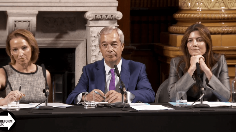Nigel Farage, Sarah Pochin and Laila Cunningham at Reform UK presser yesterday