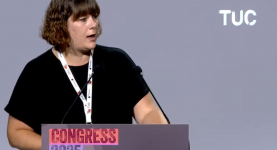 Sarah Woolley speaking on the motion on the Fossil Fuel Non-Proliferation Treaty at TUC Congress
