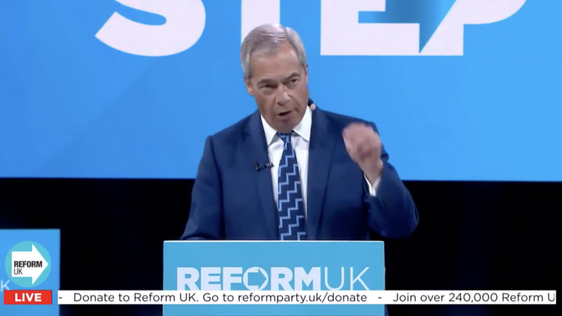 Nigel Farage making his speech at Reform Party conference 2025