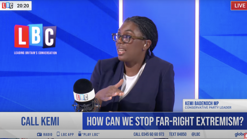 Kemi Badenoch speaking on LBC