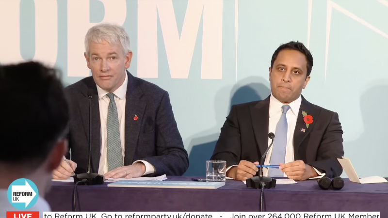 Reform's Danny Kruger and Zia Yusuf speaking at a press conference yesterday