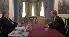 Steve Bannon and Nigel Farage speaking about him fronting a far-right European group in 2017