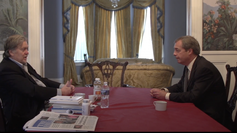 Steve Bannon and Nigel Farage speaking about him fronting a far-right European group in 2017