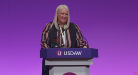USDAW general secretary Joanne Thomas speaking at the union's delegate conference