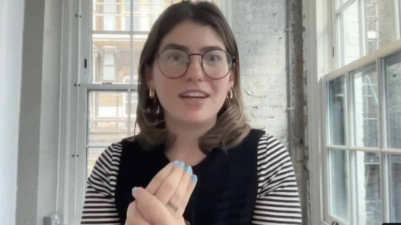 An image of Agustina Oliveri from the Good Law Project speaking about donations to Reform