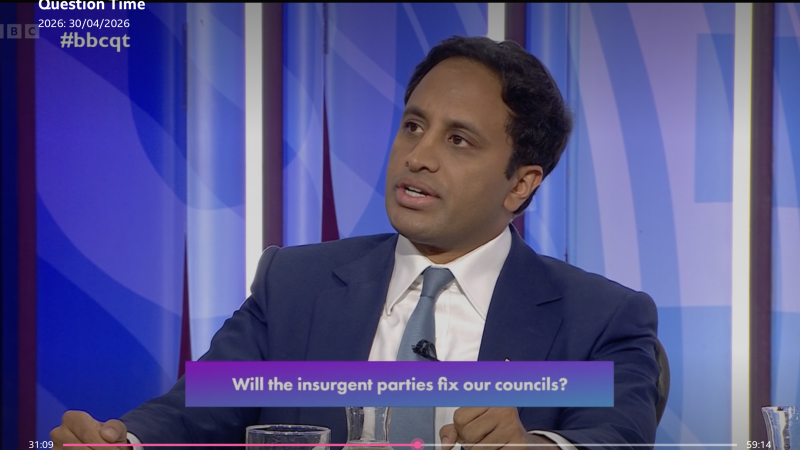 Zia Yusuf speaks on episode of BBC Question Time. The subject of the discussion is 'Will insurgent parties fix our councils?'.