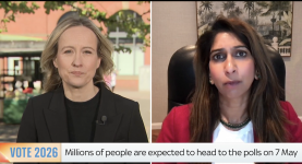 Sky News journalist Sophy Ridge is pictured on the left and Suella Braverman is pictured on the right speaking about the £5 million donation Farage received from Christopher Harborne, but did not declare