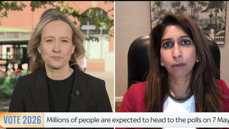 Sky News journalist Sophy Ridge is pictured on the left and Suella Braverman is pictured on the right speaking about the £5 million donation Farage received from Christopher Harborne, but did not declare
